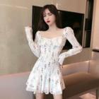 Long-sleeve Floral Print Mini A-line Dress Pink & Green Floral - White - One Size