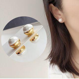 Faux Pearl Magnetic Earring 1 Pair - Magnetic Ear Clip Earring - Pearl White & Gold - One Size