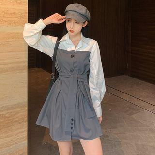 Mock Two-piece Long-sleeve Tie-waist Mini Dress