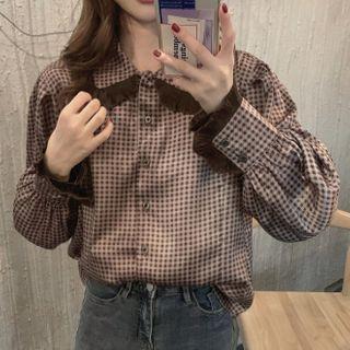 Long-sleeve Plaid Shirt Gingham - Brown - One Size