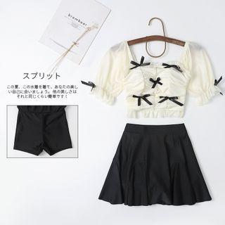 Set: Elbow-sleeve Ribbon Swim Top + Swim Skirt