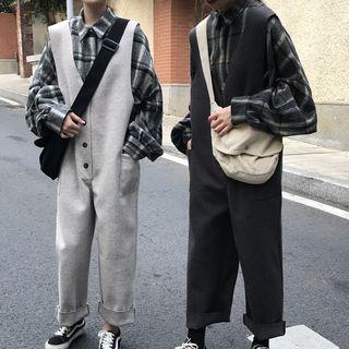Oversize Plaid Shirt / Single-breasted Plain Woolen Jumper Pants