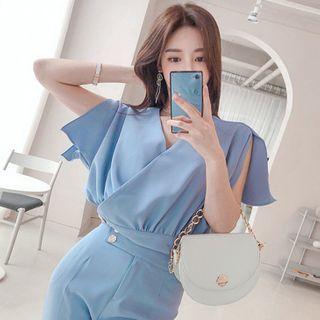 Set: V-neck Short-sleeve Shirred Blouse + Straight-cut Pants