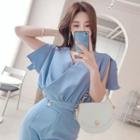 Set: V-neck Short-sleeve Shirred Blouse + Straight-cut Pants