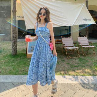 Sleeveless Floral Print A-line Midi Dress Blue - One Size