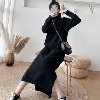 Slit-hem Turtleneck Maxi Sweater Dress
