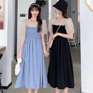 Mock Two-piece Puff-sleeve Dotted Panel Midi Dress