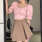 Puff-sleeve Square Neck Tie-back Blouse / Pleated Mini A-line Skirt