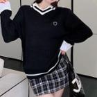Mock Two-piece Heart Print Sweater / Plaid Mini Pencil Skirt