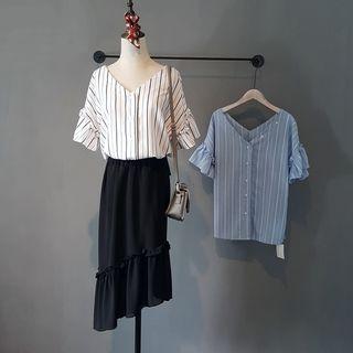 Ruffle-sleeve Striped Shirt