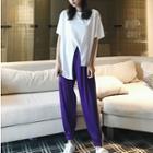Asymmetric Hem Short-sleeve T-shirt / Color Block Sweatpants