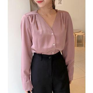 V-neck Shirred Blouse Pink - One Size