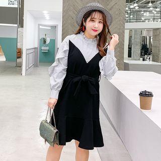 Mock Two-piece Ruffled Striped Loose-fit Dress