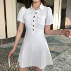 Pocket Detail Collared Short-sleeve Mini A-line Dress