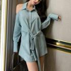 Long-sleeve Off-shoulder Drawstring Waist Dress