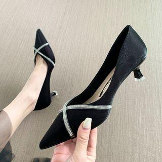Rhinestone Cross Strap Kitten Heel Pumps