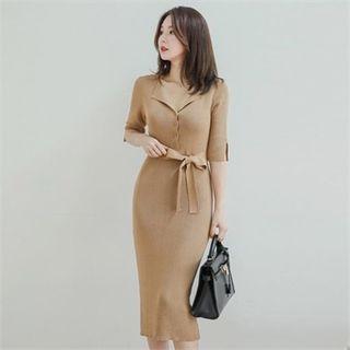 Half-placket Knit Dress With Sash