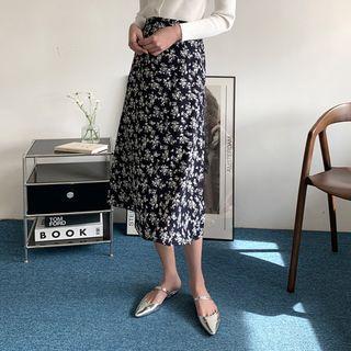 Flared Long Floral Skirt Dark Navy Blue - One Size
