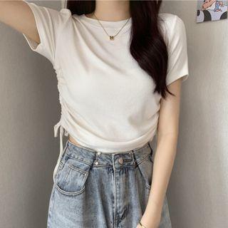 Plain Short Sleeve Drawstring Crop Top