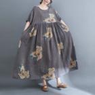 Short-sleeve Floral Maxi A-line Dress Gray - One Size