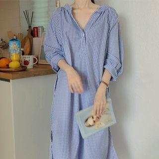 Plain / Plaid Long-sleeve Midi Dress