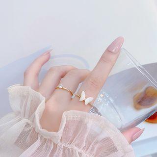 Set: Butterfly Shell Open Ring + Rhinestone Alloy Ring Set - Gold - One Size