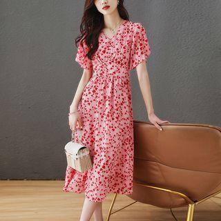 Flutter Sleeve V-neck Floral Chiffon Midi A-line Dress