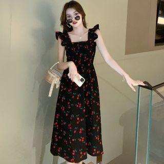 Sleeveless Cherry Print Frill Trim Midi A-line Dress