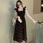 Sleeveless Cherry Print Frill Trim Midi A-line Dress