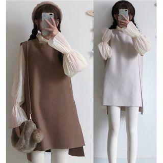 Plain Sleeveless Dress / Frill Trim Blouse