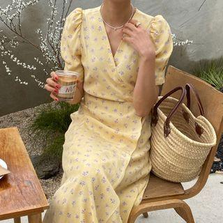 Short-sleeve V-neck Floral Print Midi Sheath Dress