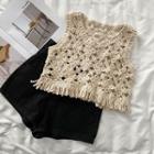 Round Neck Perforated Cropped Sweater Vest / High Waist Hot Pants
