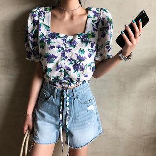 Square-neck Drawcord Floral Crop Blouse Green - One Size