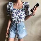 Square-neck Drawcord Floral Crop Blouse Green - One Size