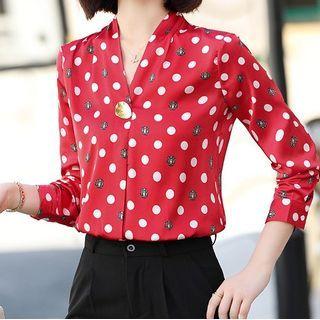 Long-sleeve Dotted Shirt / Cropped Dress Pants / Set