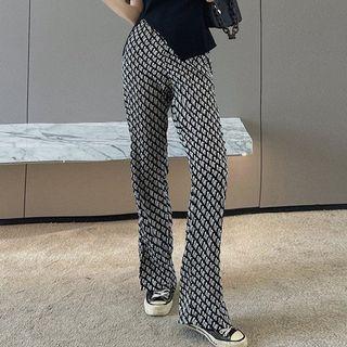 Short-sleeve Slit T-shirt / Patterned Boot-cut Pants