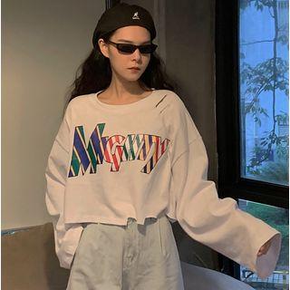 Asymmetric Long-sleeve Printed Cropped T-shirt