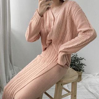 Set: V-neck Cable-knit Cardigan + Midi Skirt
