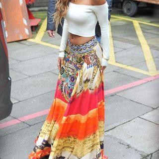 Off-shoulder Long-sleeve Cropped Top / Printed Maxi Skirt