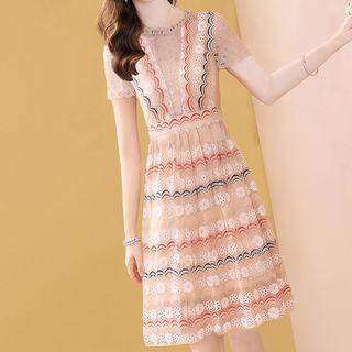 Striped Short-sleeve A-line Lace Dress