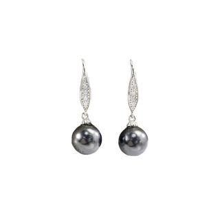 Sterling Silver Fashion And Elegant Black Freshwater Pearl Earrings With Cubic Zirconia Silver - One Size