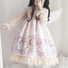 Chiffon Blouse / Bow Detail Angel Print Spaghetti Strap A-line Dress / Petticoat Skirt / Tights / Set