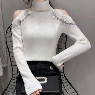 Rhinestone Cold-shoulder Sweater