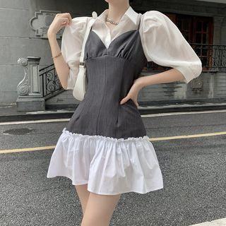 Elbow-sleeve Plain Blouse / Spaghetti-strap Two-tone Mini A-line Dress