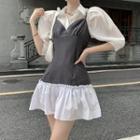 Elbow-sleeve Plain Blouse / Spaghetti-strap Two-tone Mini A-line Dress