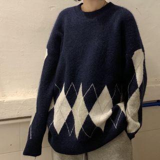 Oversize Argyle Color Panel Knit Sweater