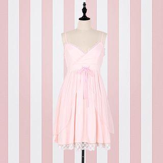 Lace-up Ruffled Blouse / Spaghetti Strap Mesh Ruffle Pinafore Dress