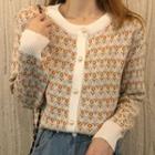 Floral Pattern Pearl Single-breasted Short Long-sleeve Knit Sweater As Shown In Figure - One Size