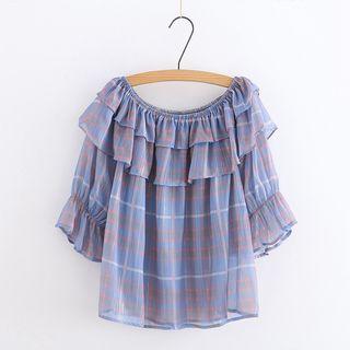 Cold Shoulder Plaid Short-sleeve Top Purple - One Size