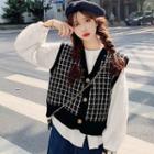 Buttoned Balloon-sleeve Blouse / Patterned Buttoned Knit Vest